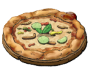 A pizza with cucumbers and other veggies on top. This is the Ortolana recipe in LumenTale