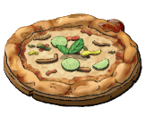 A pizza with cucumbers and other veggies on top. This is the Ortolana recipe in LumenTale