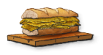 A sandwich with yellow fillings on a wooden cutting board