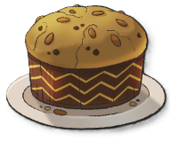 A giant load of bread with chunks of dried fruit and squiggly layers