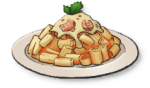 A plate of pasta with white sauce and chunks of fish on top