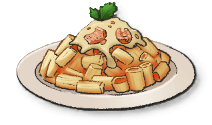 A plate of pasta with white sauce and chunks of fish on top