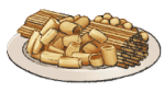 A plate of pasta, showing sticks and smaller noodles.