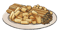 A plate of pasta, showing sticks and smaller noodles.