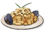 A white plate with cylindrical pasta dripping in a white sauce with clams on the side.