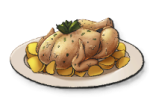 A roasted chicken on a bed of potatoes. This is the Polletto recipe in LumenTale