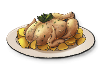 A roasted chicken on a bed of potatoes. This is the Polletto recipe in LumenTale