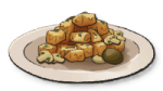 Pollo ai Funghi, a plate full of pasta cubes with mushrooms scattered around them.