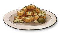 Pollo ai Funghi, a plate full of pasta cubes with mushrooms scattered around them.