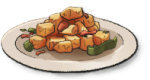 A white dish with a pyramids of beige cubes surrounded by chunks of herbs.