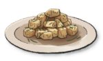 A pyramid of beige cubes that look gooey on a white plate. This is the Pollo al Latte recipe in LumenTale
