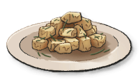 A pyramid of beige cubes that look gooey on a white plate. This is the Pollo al Latte recipe in LumenTale
