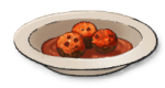 Three meatballs in a white dish surrounded by a red sauce. This is the Polpette recipe from LumenTale