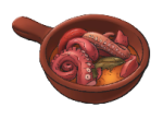 A red dish filled with various legumes and squid arms. This is the Polpo in Umido dish from LumenTale
