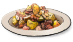 A white dish full of diced potatoes and molluscs. This is the Polpo e Patate recipe from LumenTale