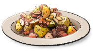 A white dish full of diced potatoes and molluscs. This is the Polpo e Patate recipe from LumenTale