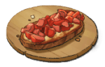 A wooden round plate with a brown piece of toast and a bunch of diced tomato on top