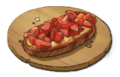 A wooden round plate with a brown piece of toast and a bunch of diced tomato on top