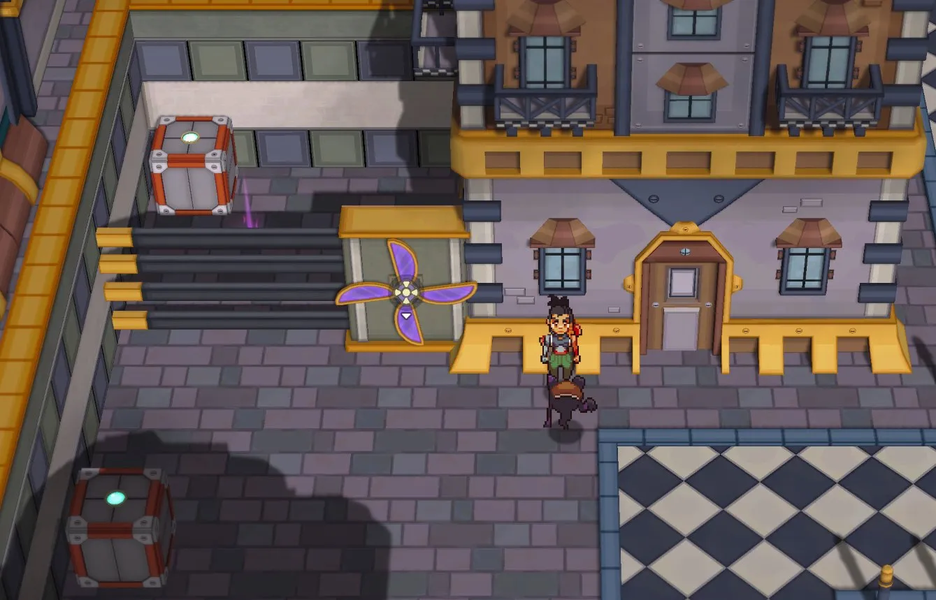 Trey, the main character of LumenTale, stands in front of a purple fan in a city setting