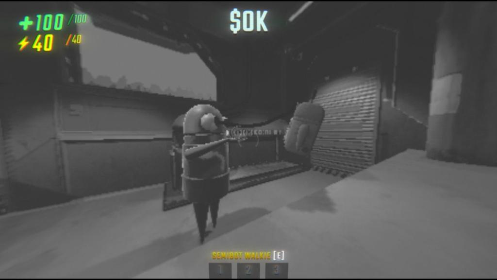 Looking through walkie talkie at semibot calling through the other walkie