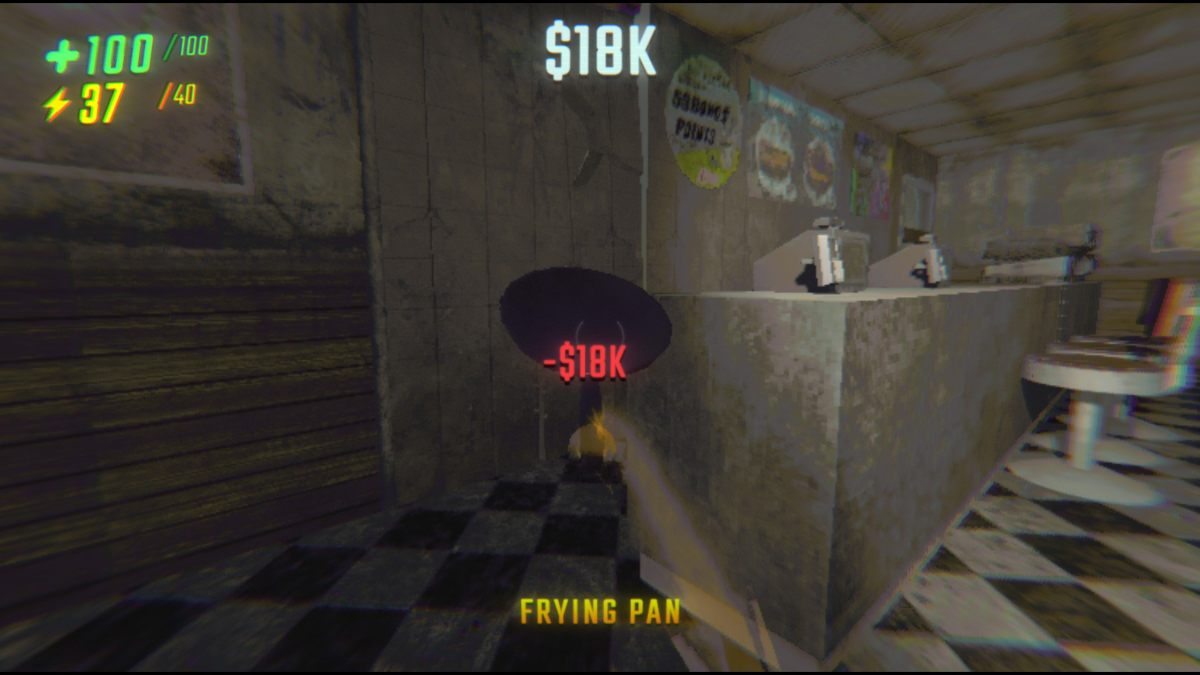 Using frying pan on crack behind wall of diner counter with bar stools and register