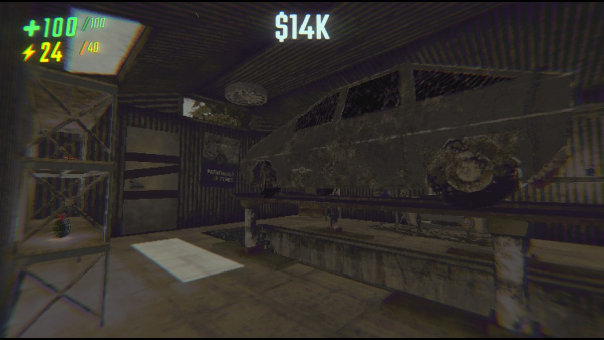 The garage secret shop with car and boarded-up doors inside service station