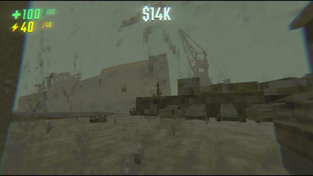 Through the window at one of the exterior environments of Service Station showing a carpark, shipping yard, and crane in background