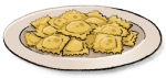 A white plate of yellow, square ravioli from LumenTale