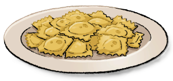 A white plate of yellow, square ravioli from LumenTale