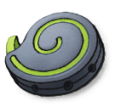 A grey device with a green swirl in the middle