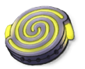 A circular grey devise with a neon yellow spiral design in the center.
