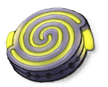 A circular grey devise with a neon yellow spiral design in the center.
