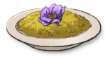 A white dish with beige rice and a purple flower on top. This is Riso Giallo in LumenTale