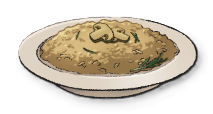 A deep dish of rice and mushrooms. This is the Riso del Bosco in LumenTale