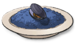 A bowl of blue rice with a clam on top. This is the Risotto Blu recipe