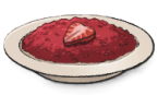 The Risotto Rosso from LumenTale, A dish full of red rice with a sliced strawberry on top