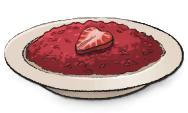The Risotto Rosso from LumenTale, A dish full of red rice with a sliced strawberry on top