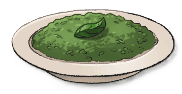 A bowl of green risotto with a green leaf on top. This is the Risotto Verde from LumenTale
