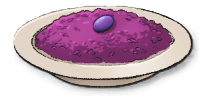 A white dish full of purple rice with a grape on top. This is the Risotto Viola in LumenTale