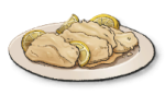 White meat on a white plate with lemon slices next to it. This is the Scaloppine recipe in LumenTale