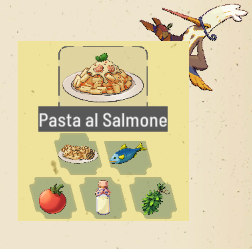 A screenshot from LumenTale showing hints on how to make Pasta al Salmone with each ingredient shown