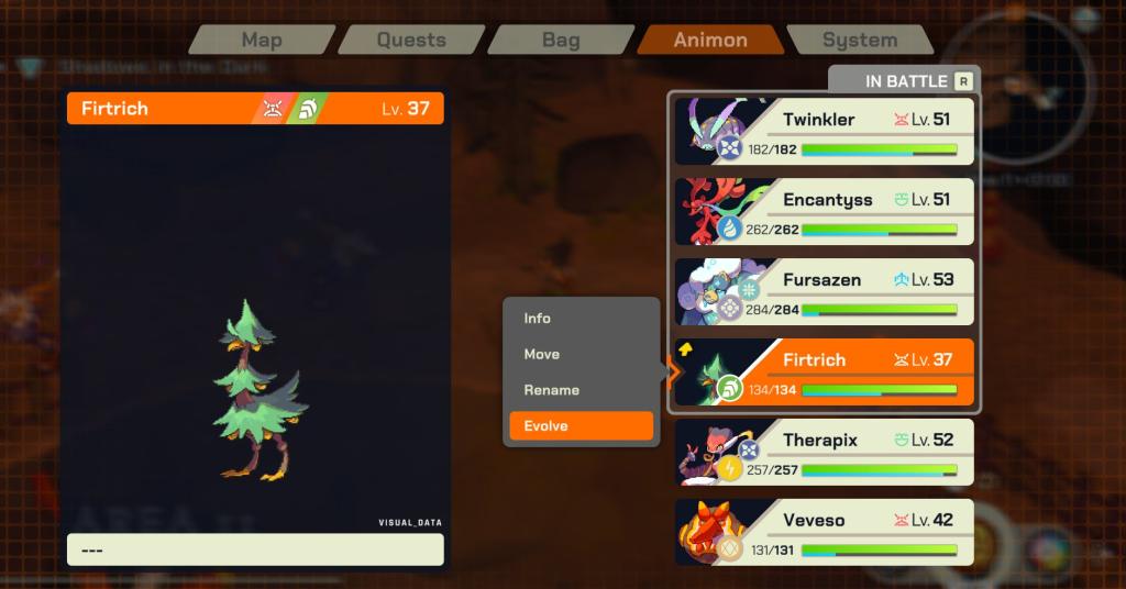 A menu from LumenTale showing a level 37 Firtrich and the option to evolve it