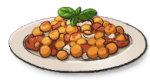 A bowl full of chickpea-looking food items with greens on top.
