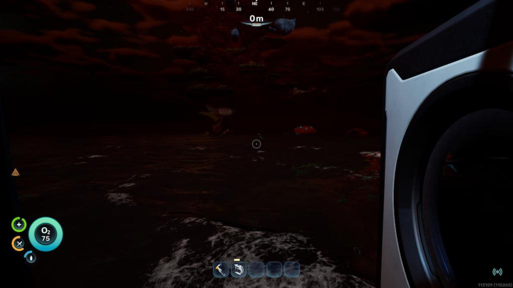 A player looks out the lifepod in Subnautica 2 into a dark evening.