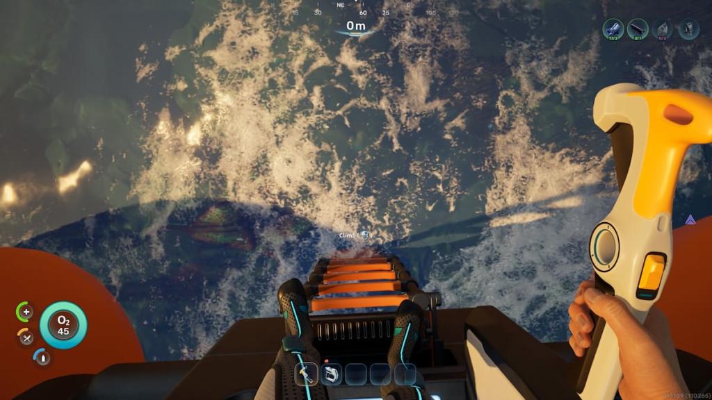 A player looks down from the lifepod in Subnautica 2