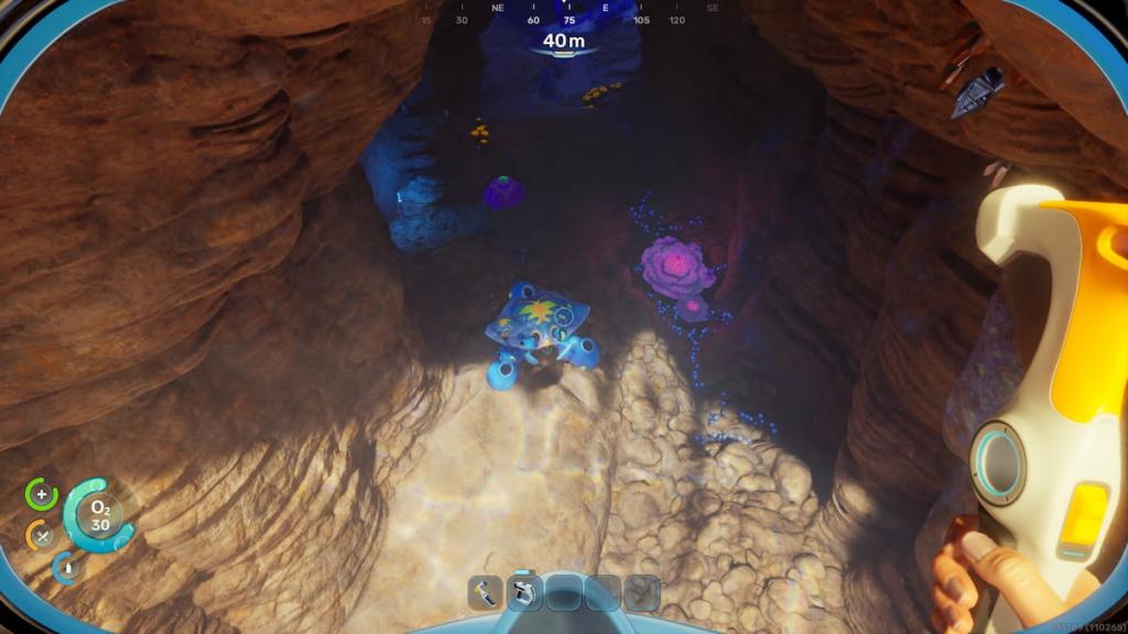 A player looks at a tunnel in Subnautica 2, with a giant blue crab visible.