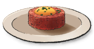 A white plate with tartar and a cracked egg on top from LumenTale