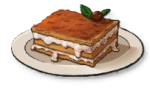 A square slice of tiramisu with the white filling dripping out the sides 