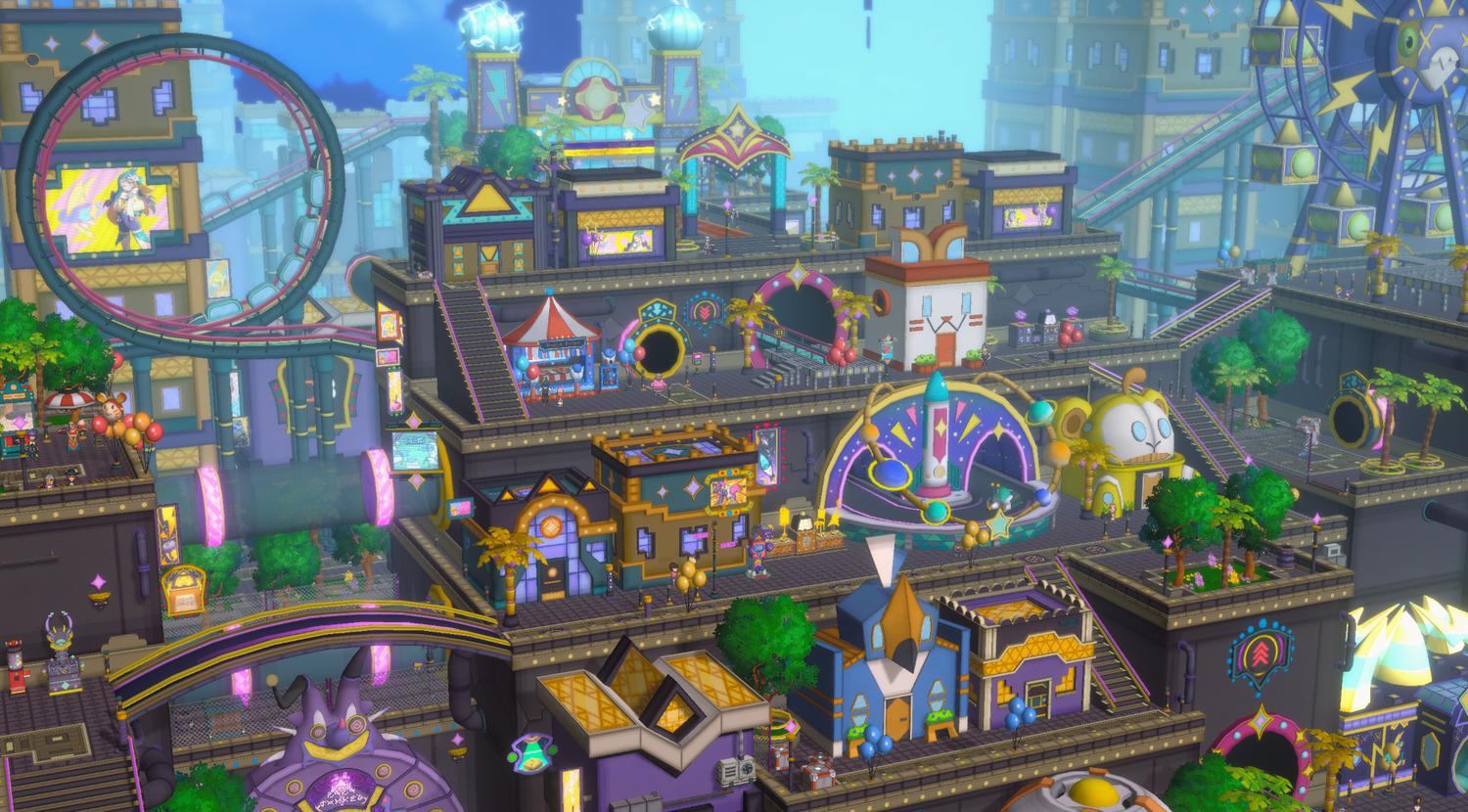 A wide-shot of the city of Voltar, which looks like a giant carnival with brightly colored buildings, rollercoasters, and ferris wheels.