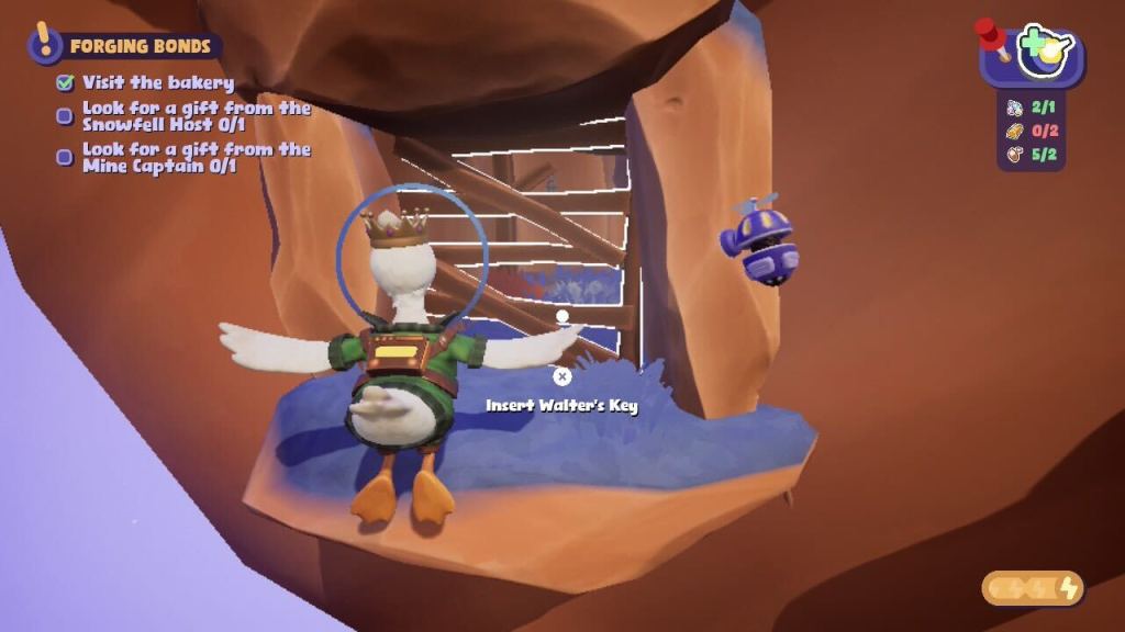 Walter flies in front of a wooden barrier while a prompt asks to use Walter's Key to open the door.
